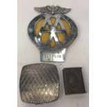 Vintage Edwardian vesta a Regency London compact and an AA badge