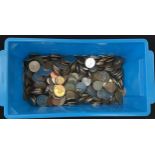 Blue tub with a large collection of Foreign coinage