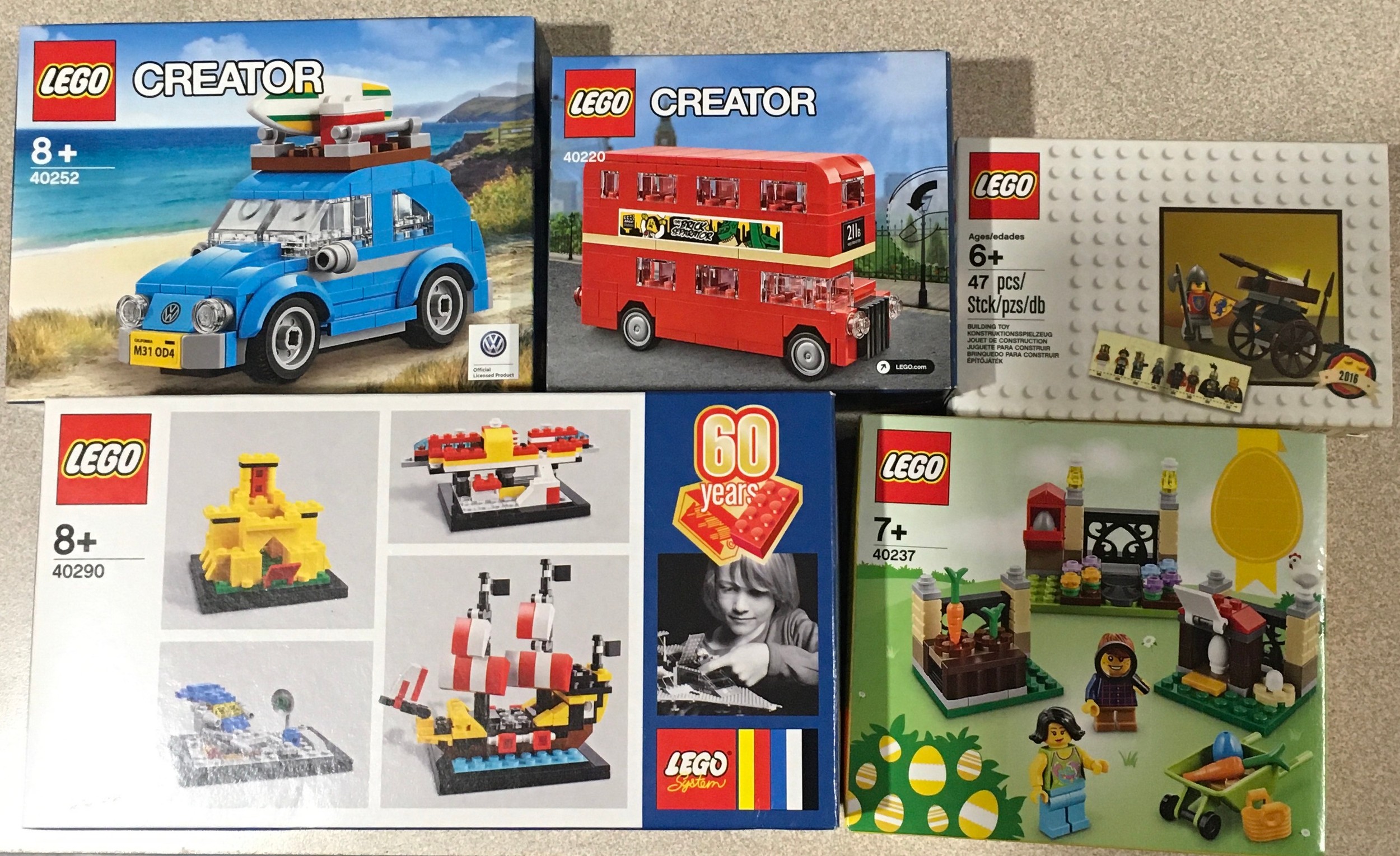 5 x Lego Sets: 40290 60 Years of the Lego Brick, 40220 Creator London Bus, 40252 Mini Beatle,