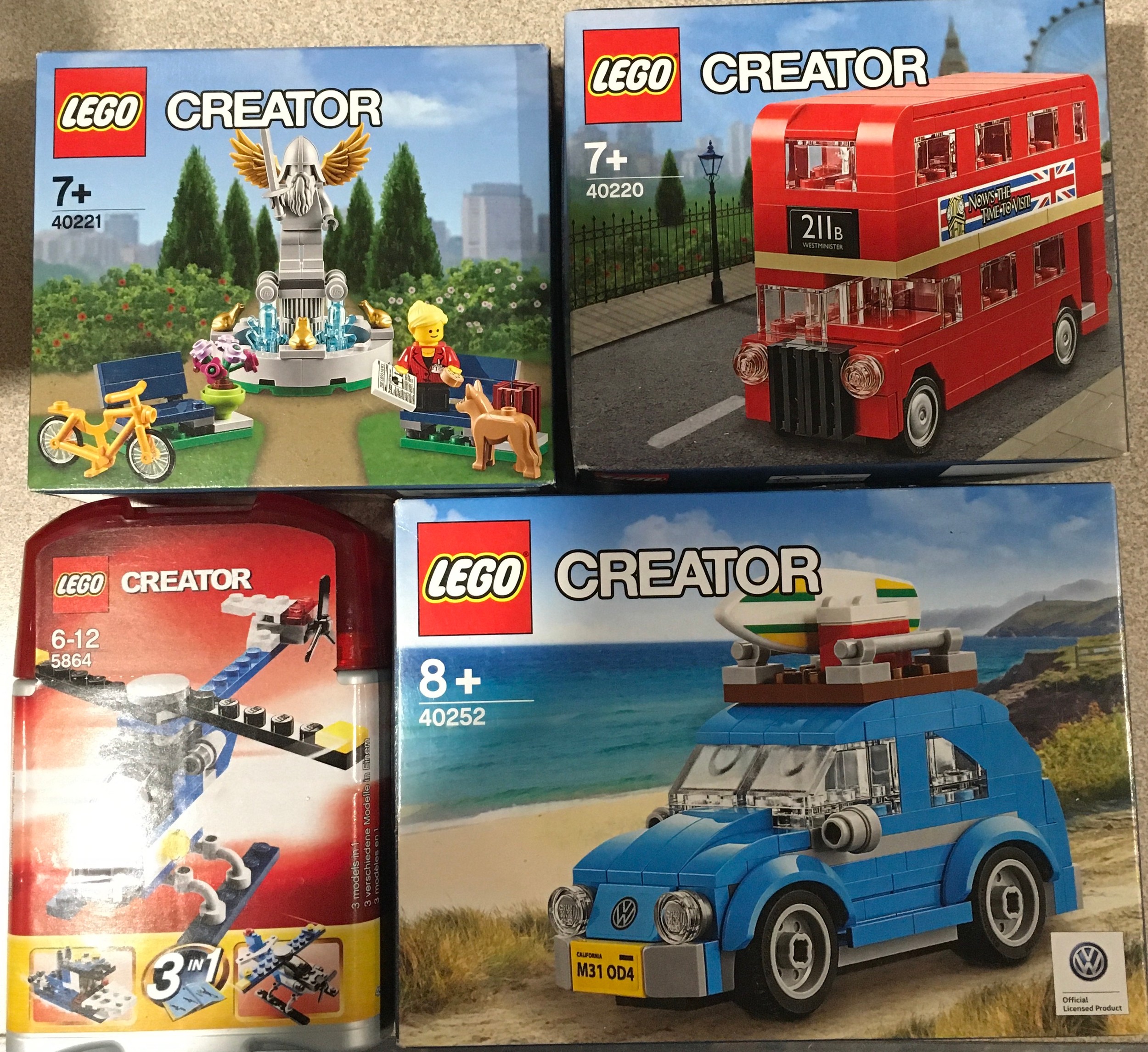 4 x Lego Creator Sets: 40220 London Bus, 40221 Park Fountain, 5864 3 in 1, 40252 Mini Beatle. New