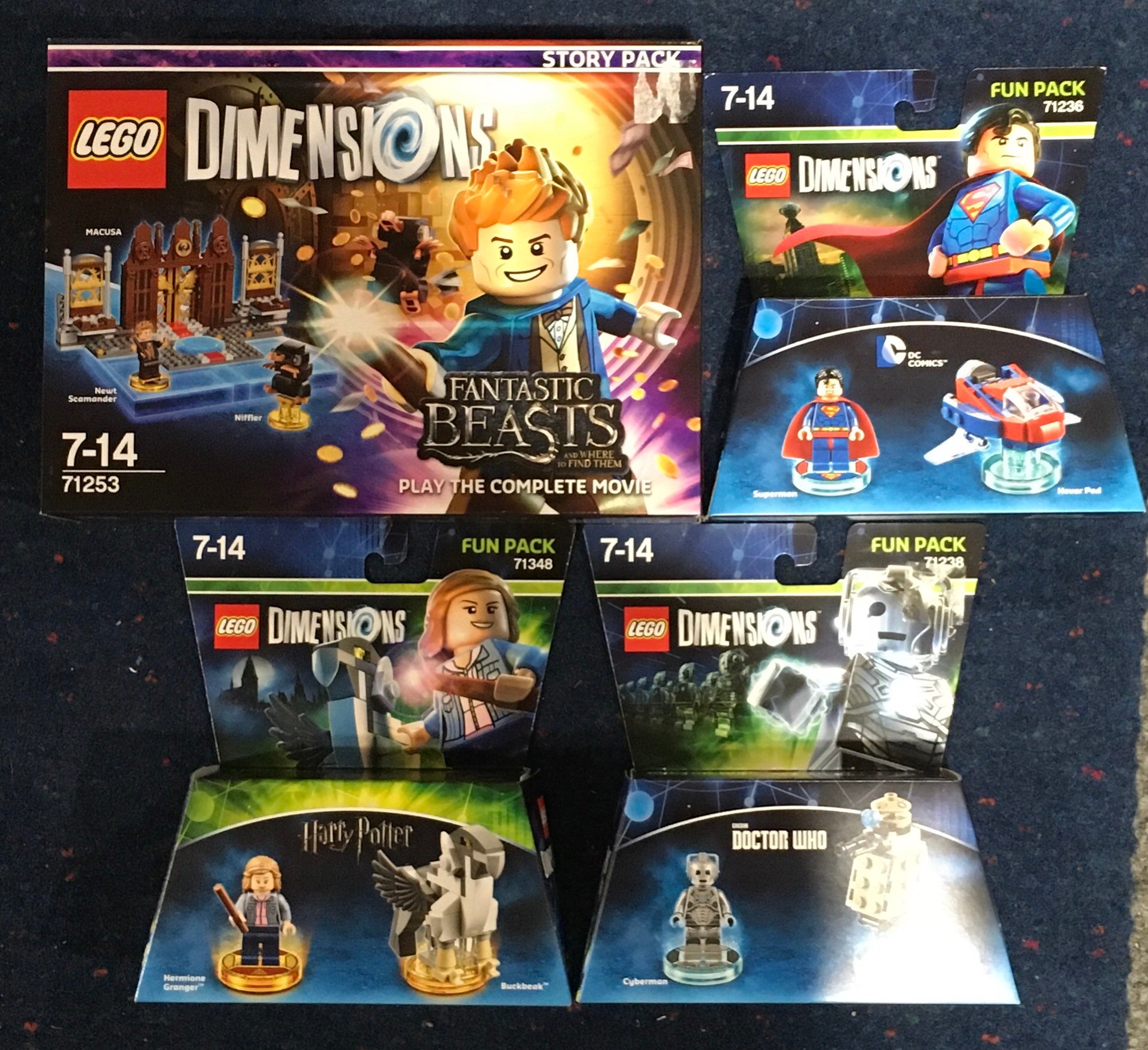 4 x Lego Dimensions Packs: 71238/71348/71236 Doctor Who/Harry Potter/DC Comics Superman Fun Packs,