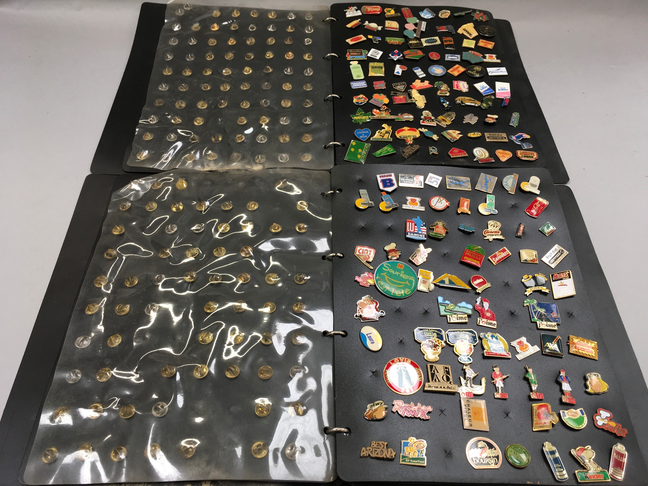 Two folders containing a large quantity of various pin badges.