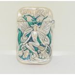 A silver plated and enamel vesta case in the form of a nude fairy.