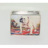 A silver and enamel pill box depicting a British Bulldog.