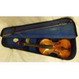 Vintage violin labelled 'copy of Stradivarious Cremonensis Faciebat anno 1713'. cased with bow. a/f