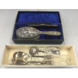 Silver plated boxed dressing table brush and comb together with a pair of silver plated servers