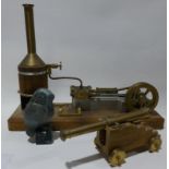 Scratch built steam engine, overall plinth length 14". A brass cannon on a wooden carriage and a