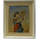 Fillipo Indoni signed framed watercolour: Gypsy Girl with Tamborine. Frame size approx 19.5" x 24"