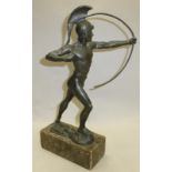 Bronze effect classical archer figure on marble base. Approx 40cm tall.