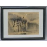 Original charcoal on paper 'Surrealist Cliffscape' by Jan Wanat. Signed and framed with