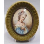 Elegant miniature portrait of a lady in a curved glass velvet frame (possibly on bone or ivory).