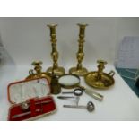 Collection of brass items including a pair of Victorian candle holders