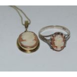 Carved shell cameo pendant and ring