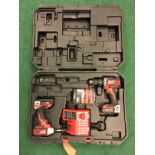 Milwaukee cased drill set containing two power drills with batteries, charger and extra drill
