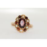 9ct gold antique style garnet and pearl ring size S ref WP 66