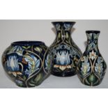 Moorcroft bulbous vase 16cms high, together with a matching small vase 13cms high & one other 10.