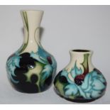 Moorcroft "Sea Holly" 10cms high vase together with small bulbous squat vase 6cms high, both fully