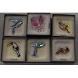 Swarovski Crystal Brooches depicting birds 270708, 276842, 274471, 276843, 276836 plus one depicting