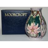 Moorcroft "Blakeney Mallow" vase 13cms high, fully marked & signed to base, boxed 2001.