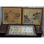 2 framed pictures of a Chinese theme (one missing glass) and a serving tray with glazed tapestry