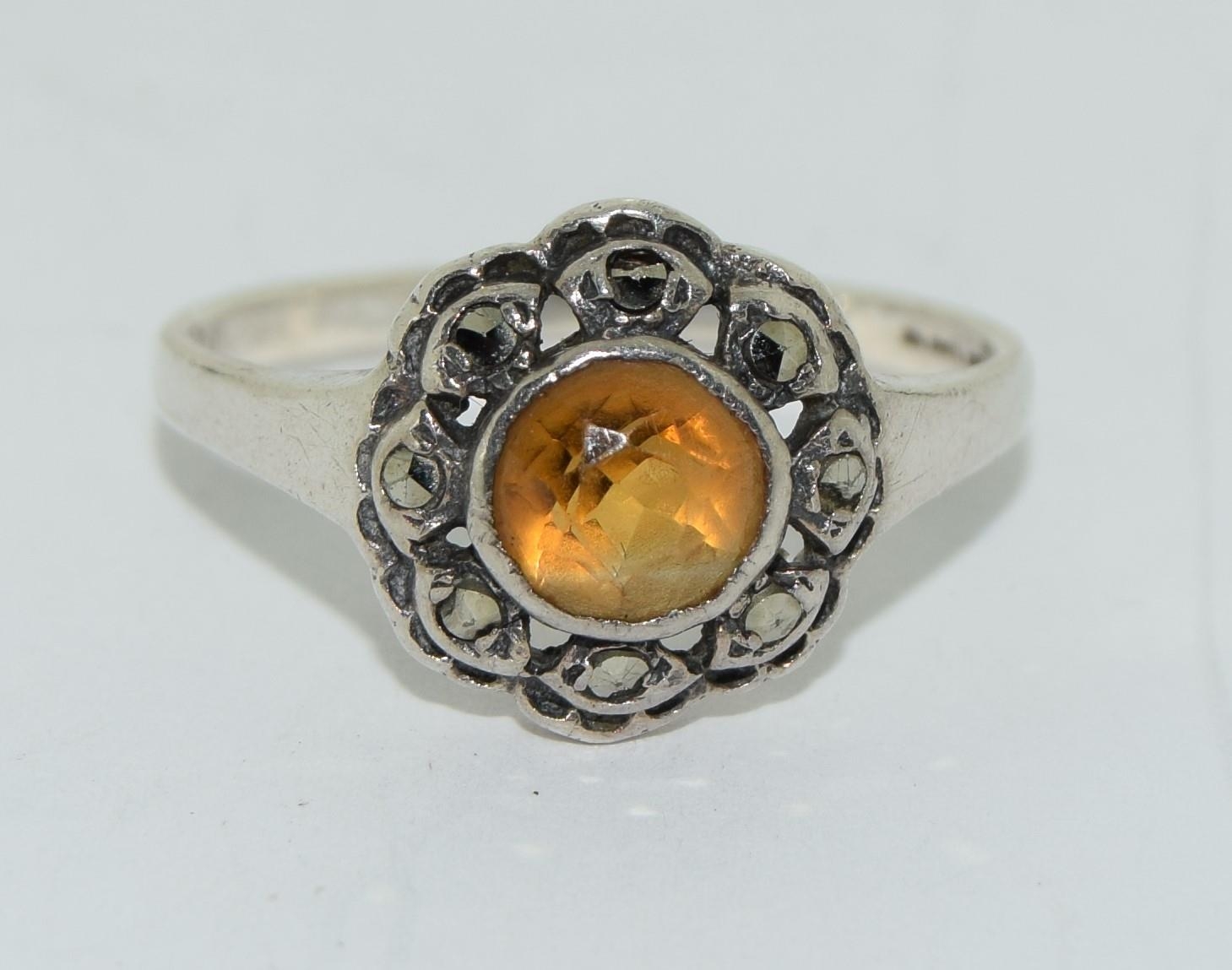 Genuine Art Deco citrine silver marcasite ring, Size N