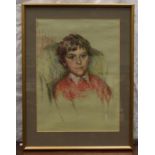 Framed and glazed portrait of a young boy in pastels. Signed Ronald Dickinson (?) 1971. Overall