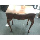Pad foot 2 draw side table with carved decoration to top of legs 75x60x35cm