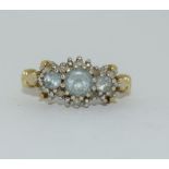 9ct gold ladies antique style 3 stone aquamarine and diamond ring size M