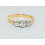 Diamond 3 stone aprox 0.50 points 18ct gold ring size O.