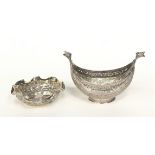 Oriental silver embossed double prow bowl together a embossed small silver bowl 190gm