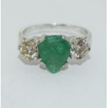 18ct white gold pear shape emerald and diamond ring of approx 1.2ct size L