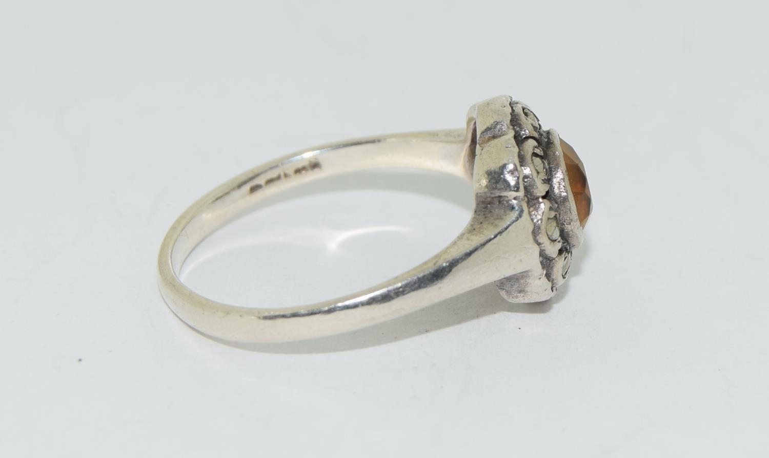 Genuine Art Deco citrine silver marcasite ring, Size N - Image 2 of 3