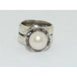 Hand crafted cultured pearl 925 silver ring, Size N