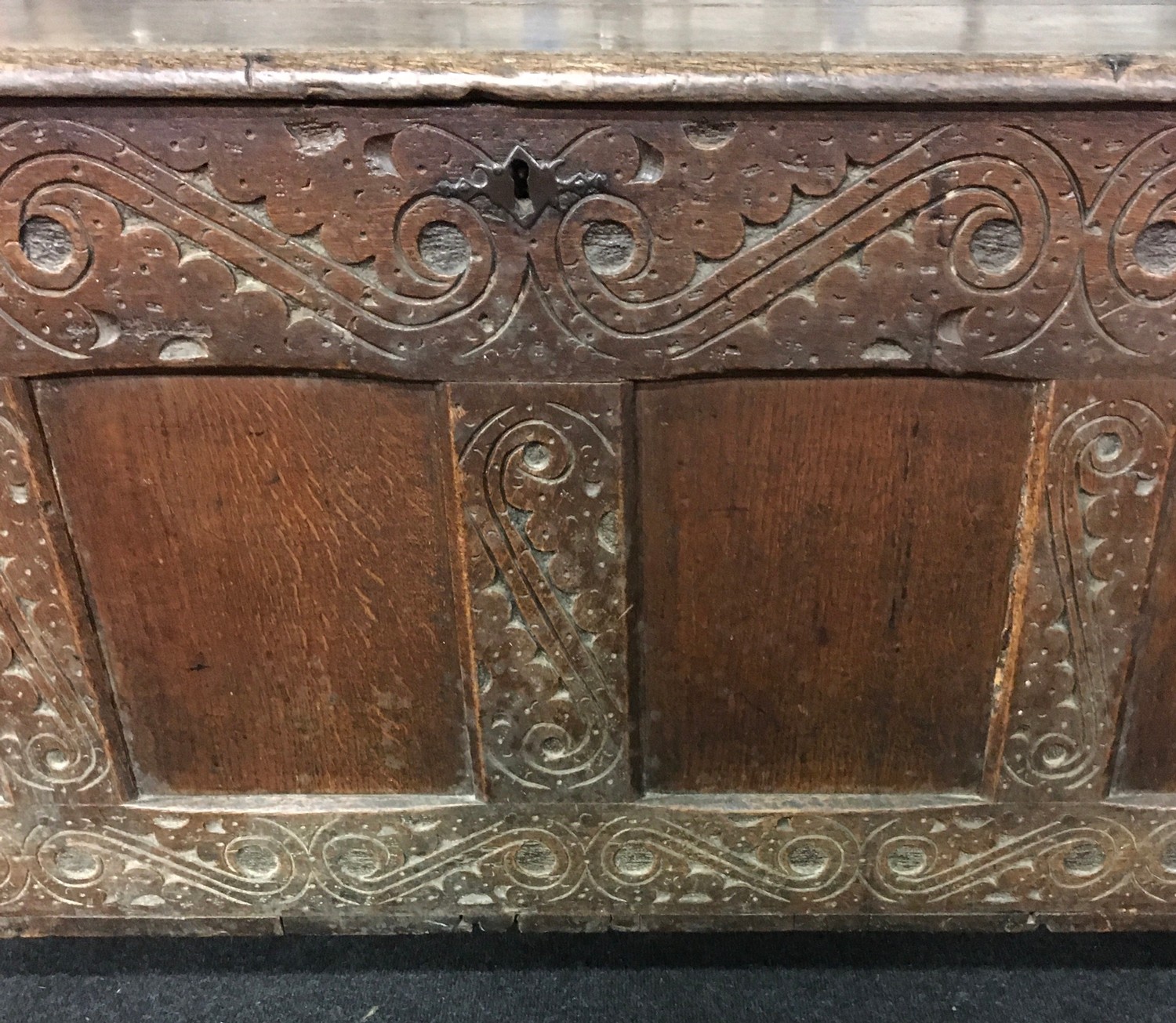 Good elm coffer with carved panels and original metal fitments solid plank top missing part of - Image 2 of 8