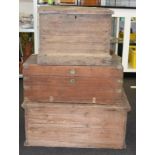 Three vintage wooden chests. Largest size 81cm wide x 47cm deep x 35cm tall.