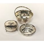 Silver with swing handled bowl, silver 3 leg pill pot, together a silver small embossed bowl