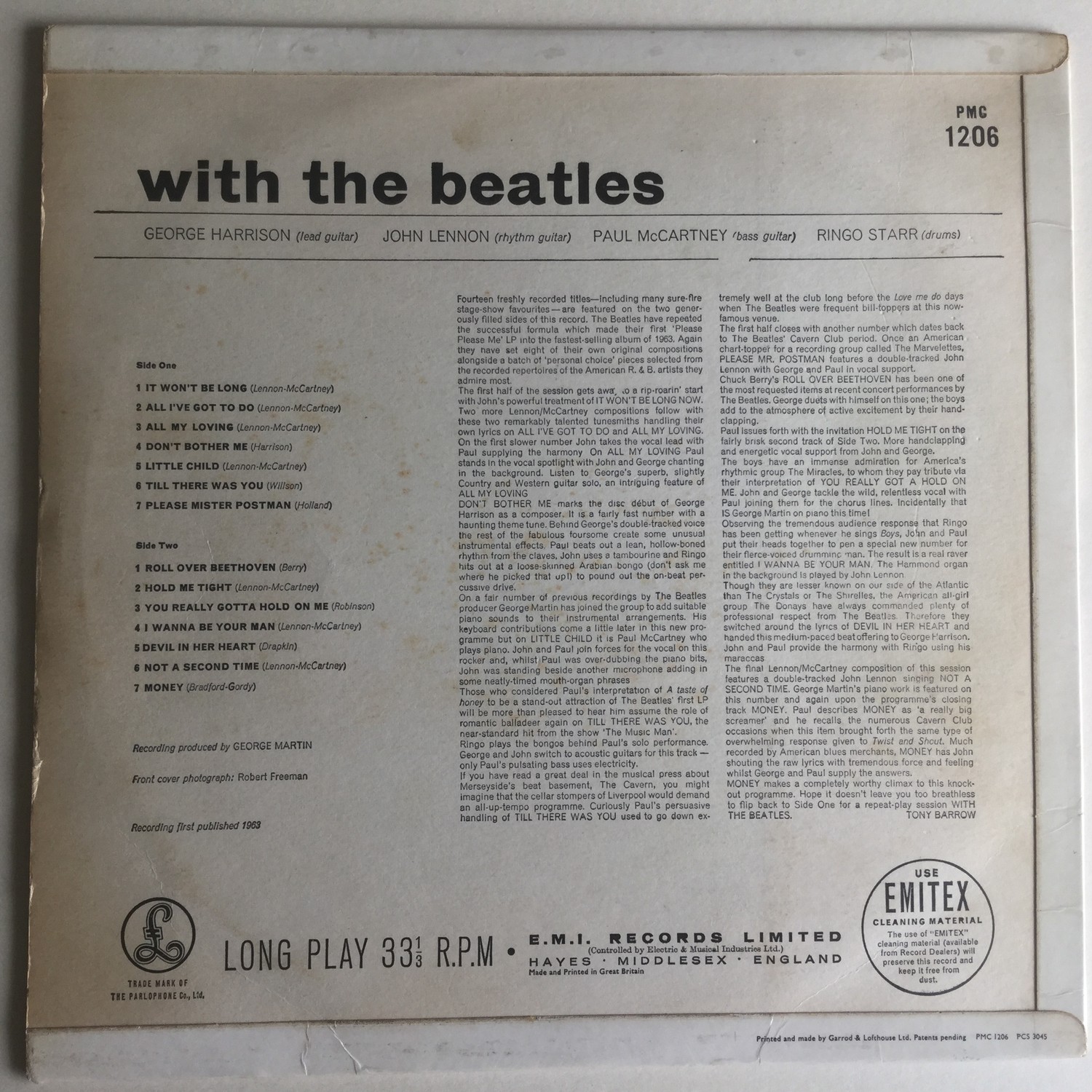 BEATLES 'WITH THE BEATLES' LP RECORD. Spelling mistake here on side 2 label with 'Got A' instead - Image 2 of 4