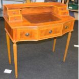 Yew wood leather topped writing desk with 7 drawers. 94cm high x 92 cm wide x 48cm deep