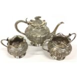 Oriental silver embossed 3 piece tea set 885gm