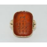 Antique coat of arms seal gold ring, hallmark worn, size P