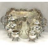 Silver plated 4 piece teaset together a silver plate butlers tray and a claret jug