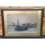 W.L.Wyllie framed and glazed 19th century etching "Coal Barges" signed and dated 1884. 47x64cm.