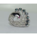 14ct white gold ladies ring in the shape of a dove set with blue and white diamonds size P