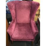 John Lewis wing back fireside chair upholstered in purple velour. O/all size 97cm tall x 77cm across