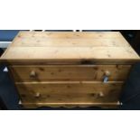 Low pine two drawer chest of drawers. 91cm across x 42cm deep x 59cm tall