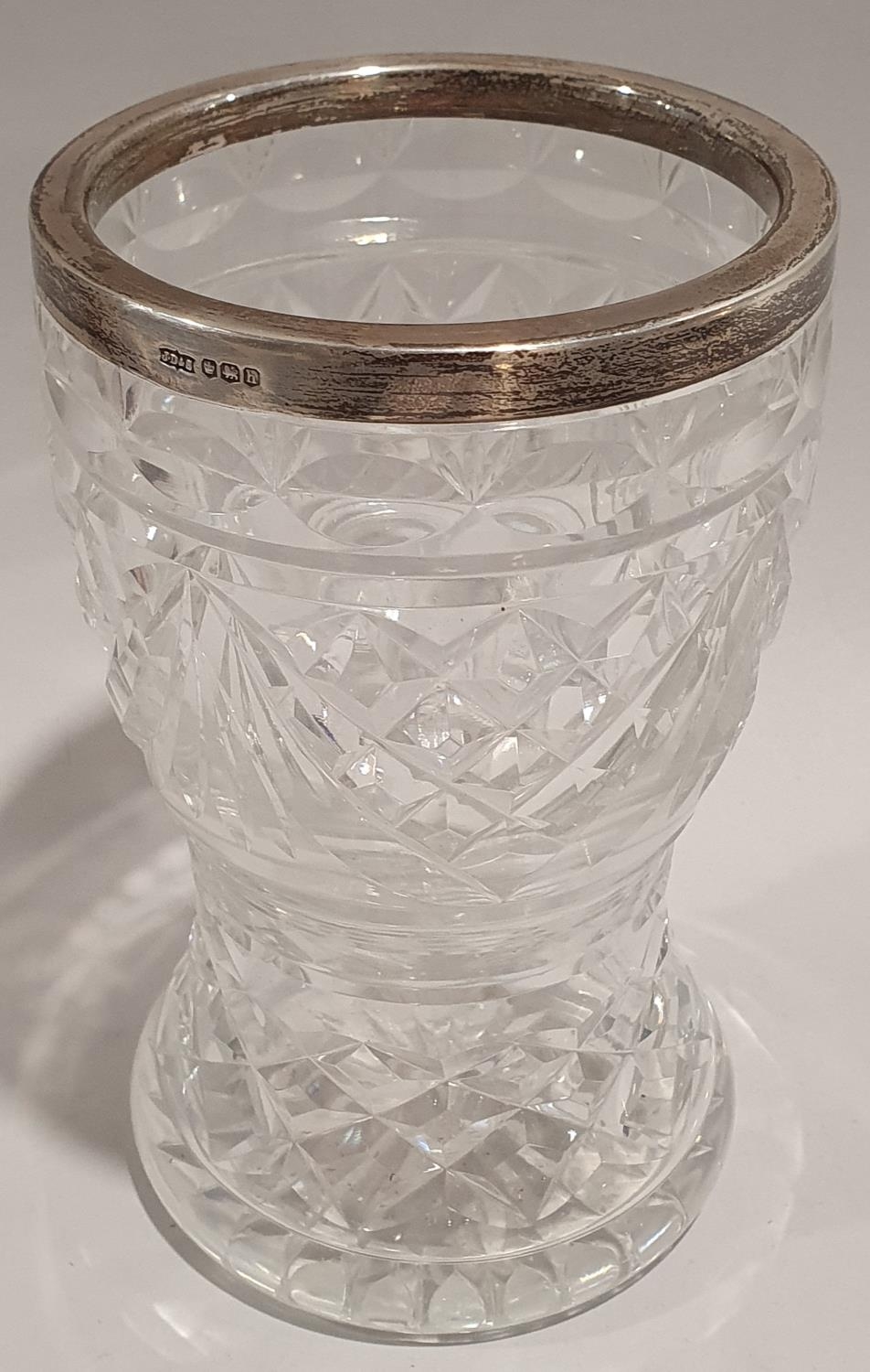 Collection of eight small silver spoons together with a silver rimmed crystal glass vase. - Image 2 of 8