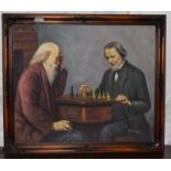 Oil on canvas of two elderly gentlemen playing chess, signed J Wilson. Overall frame size 69cm x