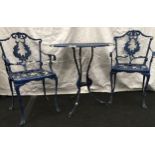 Vintage aluminium blue painted garden table 68cm diameter 72cm tall together with two chairs.