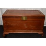 Quality hardwood coffer with inlaid shelf and brass clasp. 104cm across x 53cm deep x 60cm tall.