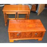 Yew wood two under one stacking side table on casters ( largest table 60cm tall c/w x 74cm wide x